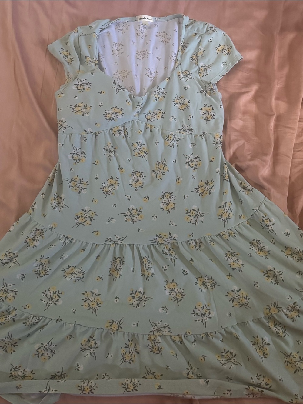 Derek Heart Mint Green Floral Tiered Mini Dress with Yellow Blossoms